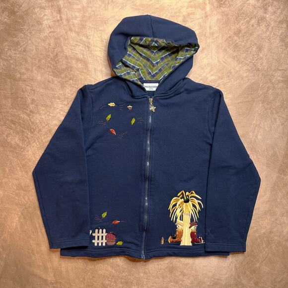 Breckenridge Vintage Embroidered Scarecrow Zip Up Jacket Navy Hooded Fall Leaves - Picture 1 of 8
